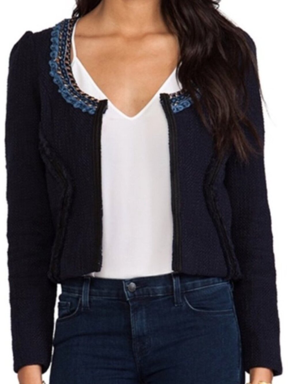 Maison Scotch Jolie Tweed Jacket Navy Blue Peach Blk Excelent Details NWT Medium